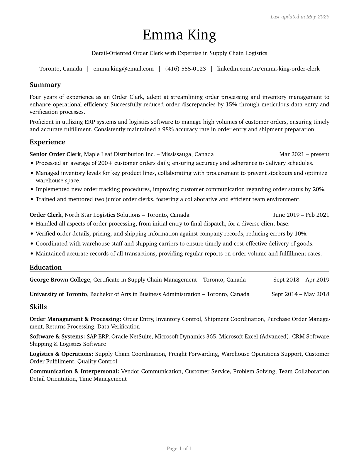 Order Clerks CV in English — page 1