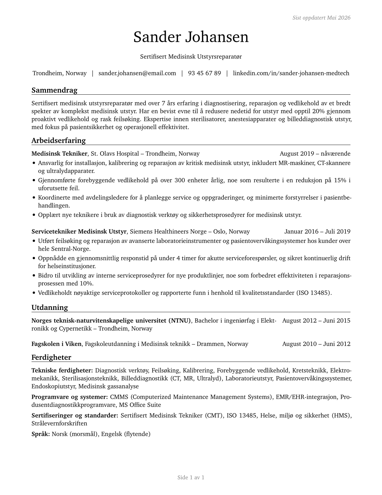 Medical Equipment Repairers CV in Norwegian_bokmal — page 1