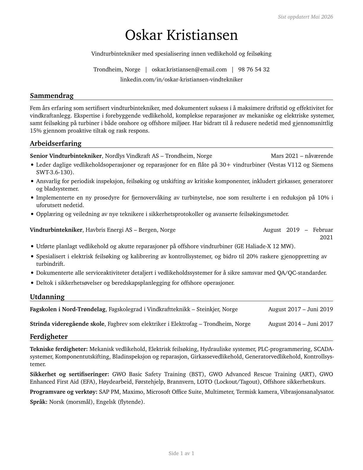 Wind Turbine Service Technicians CV in Norwegian_bokmal — page 1