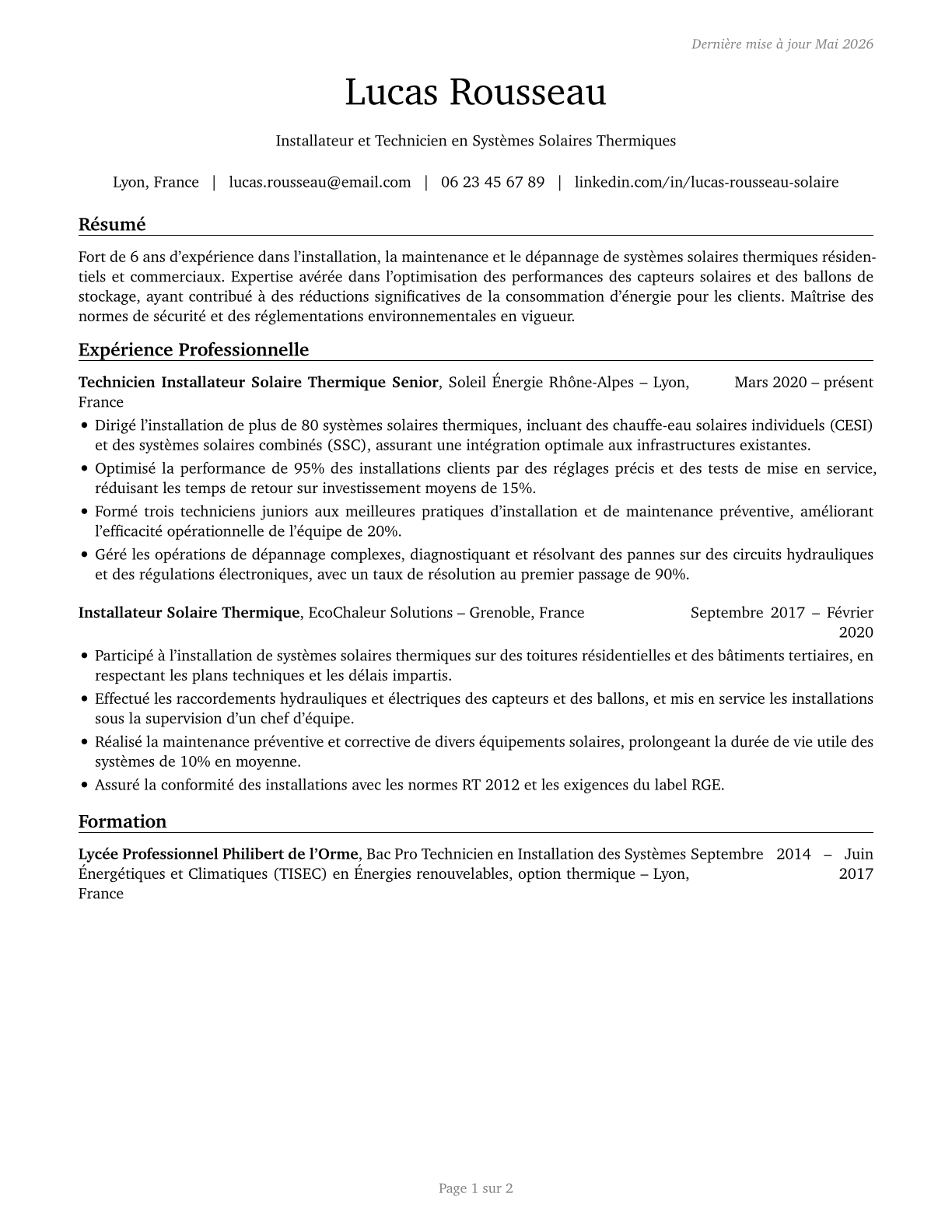 Solar Thermal Installers and Technicians CV in French — page 1