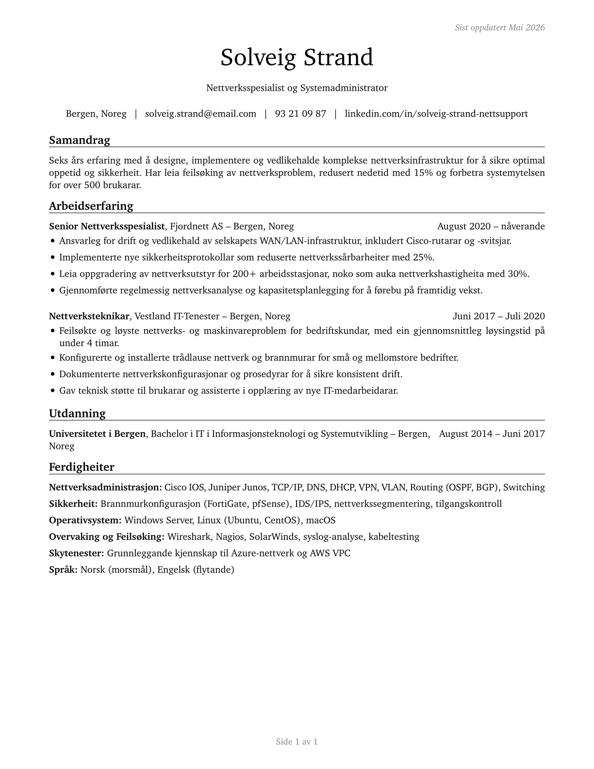 Computer Network Support Specialists CV in Norwegian_nynorsk — page 1