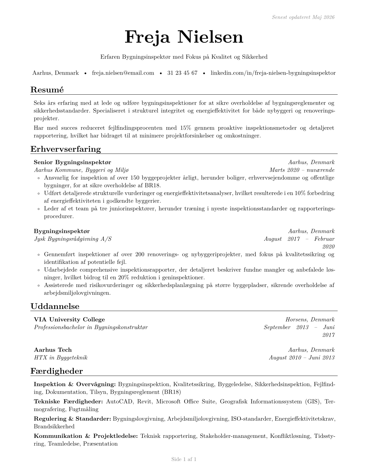 Construction and Building Inspectors CV in Danish — page 1