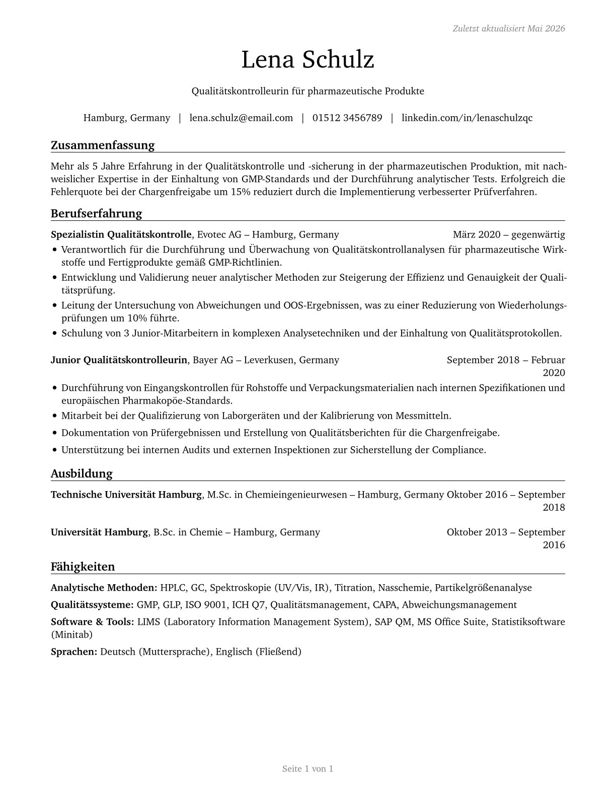 Quality Control Analysts CV in German — page 1