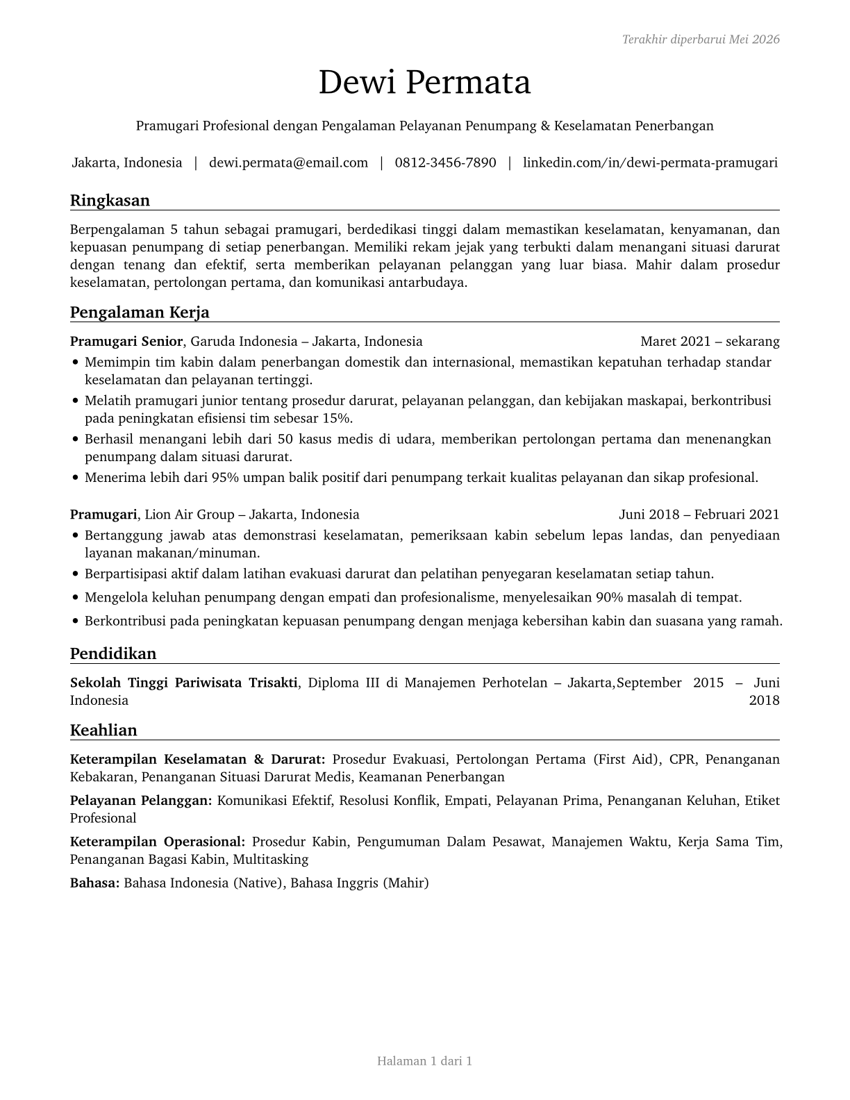 Flight Attendants CV in Indonesian — page 1