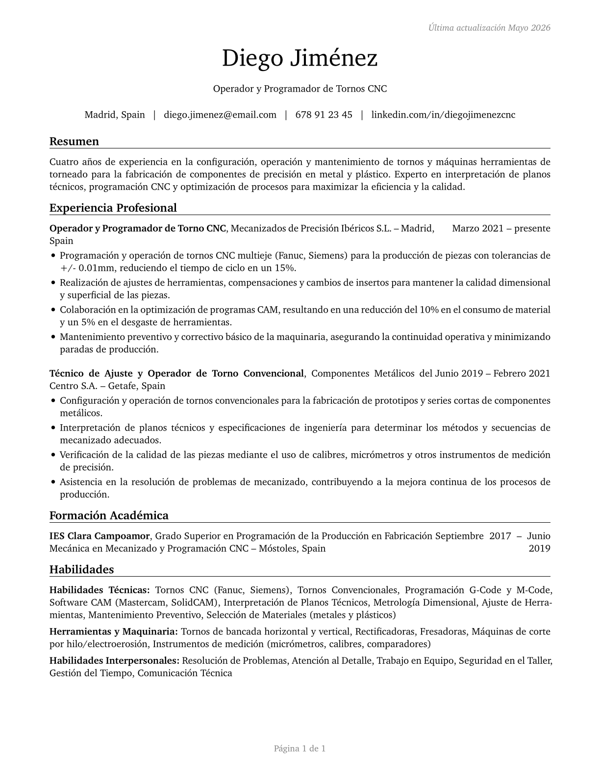 Lathe and Turning Machine Tool Setters, Operators, and Tenders, Metal and Plastic CV in Spanish — page 1