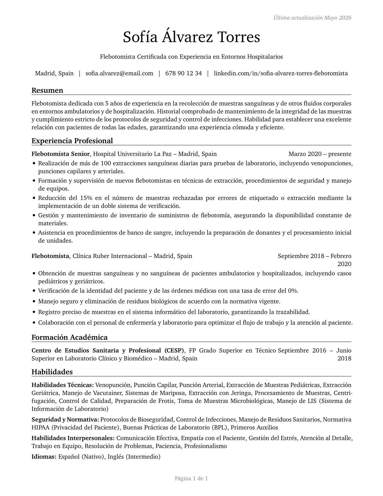 Phlebotomists CV in Spanish — page 1