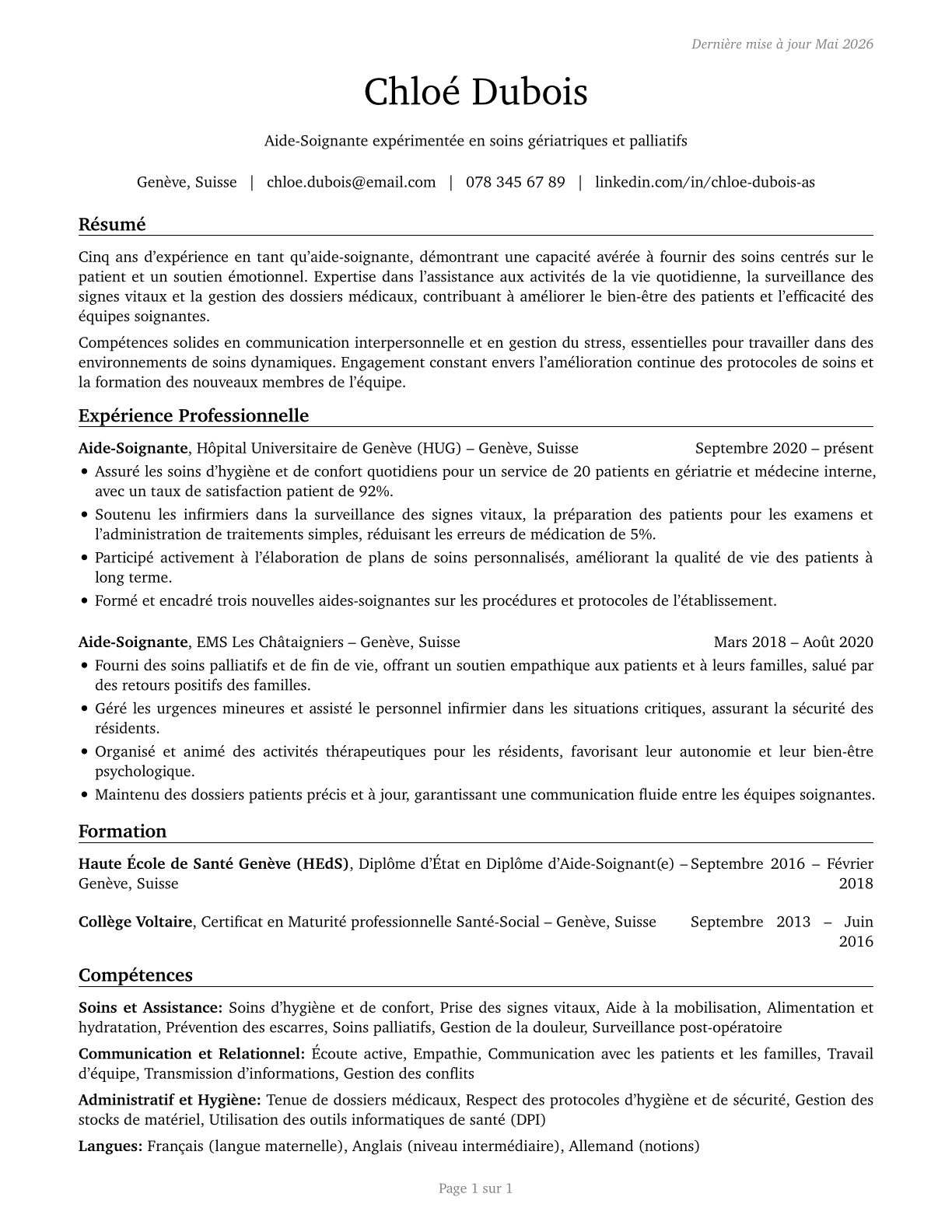 Nursing Assistants CV in French — page 1