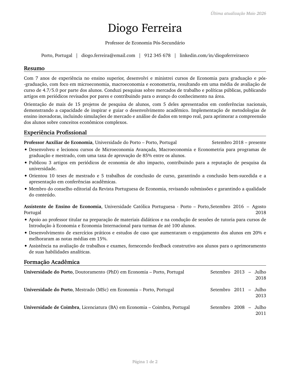 Economics Teachers, Postsecondary CV in Portuguese — page 1