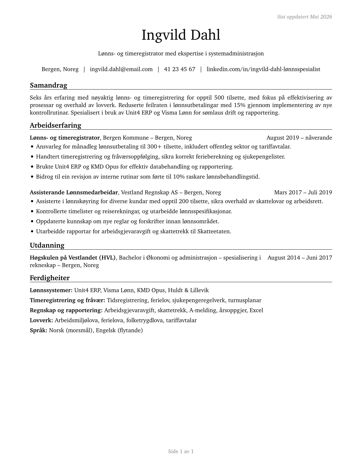 Payroll and Timekeeping Clerks CV in Norwegian_nynorsk — page 1