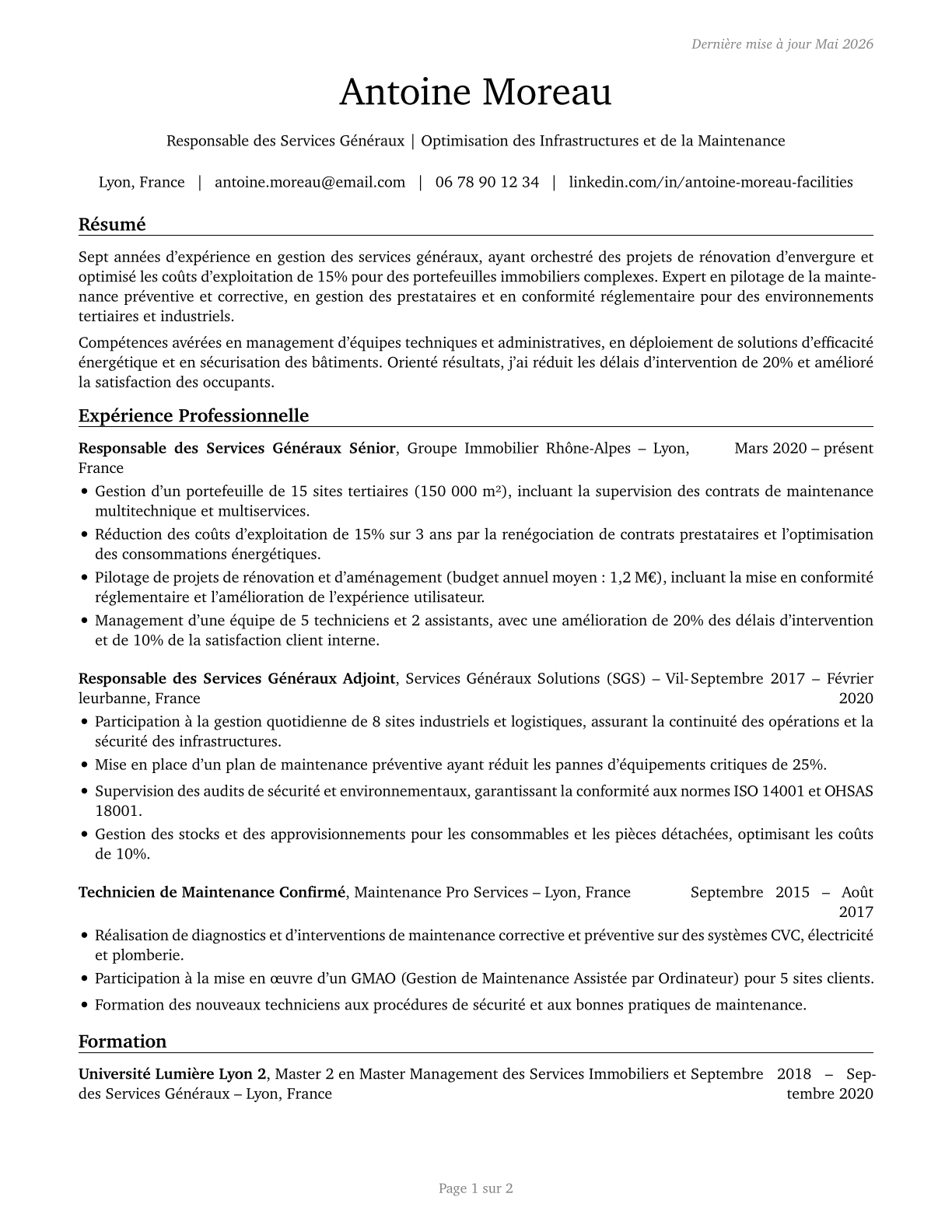 Facilities Managers CV in French — page 1