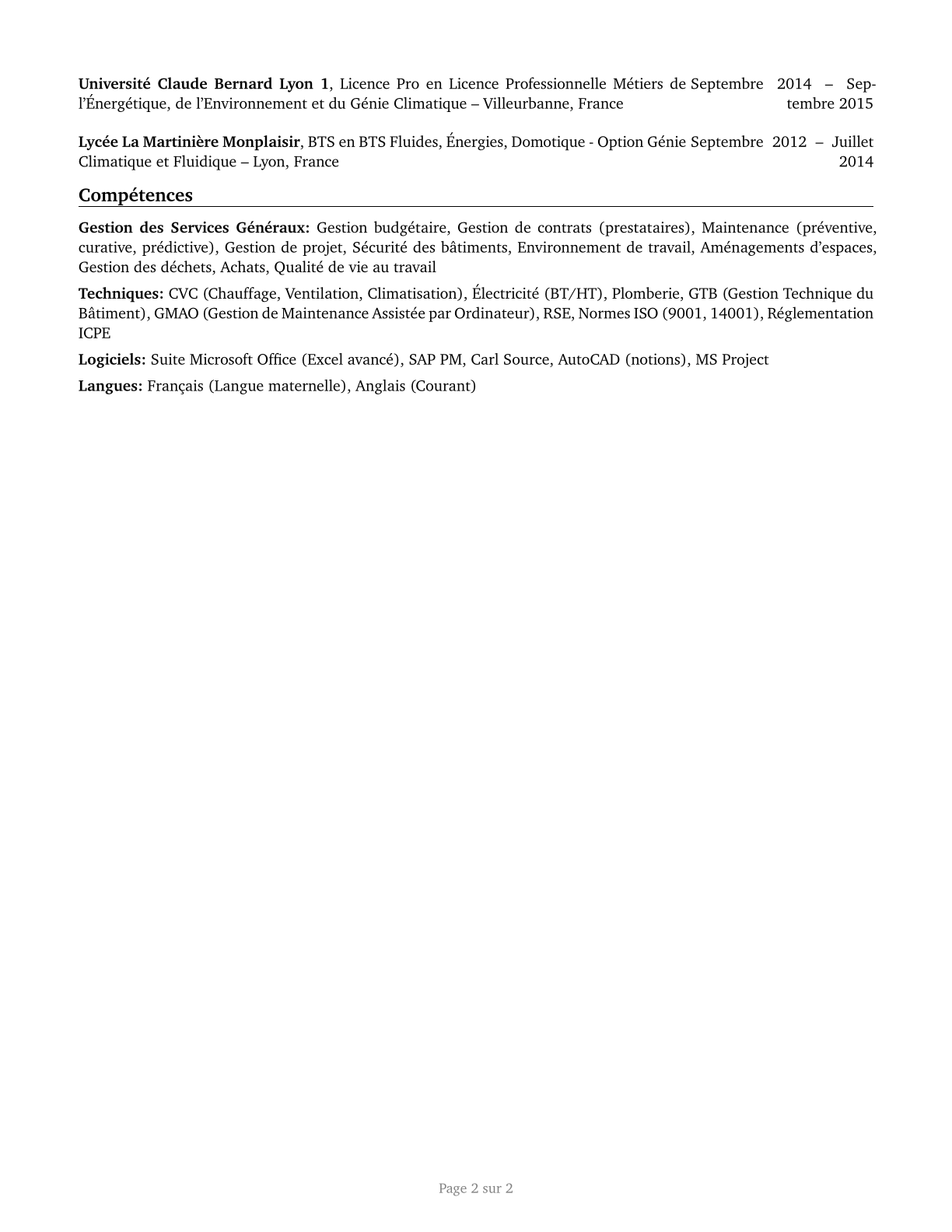 Facilities Managers CV in French — page 2