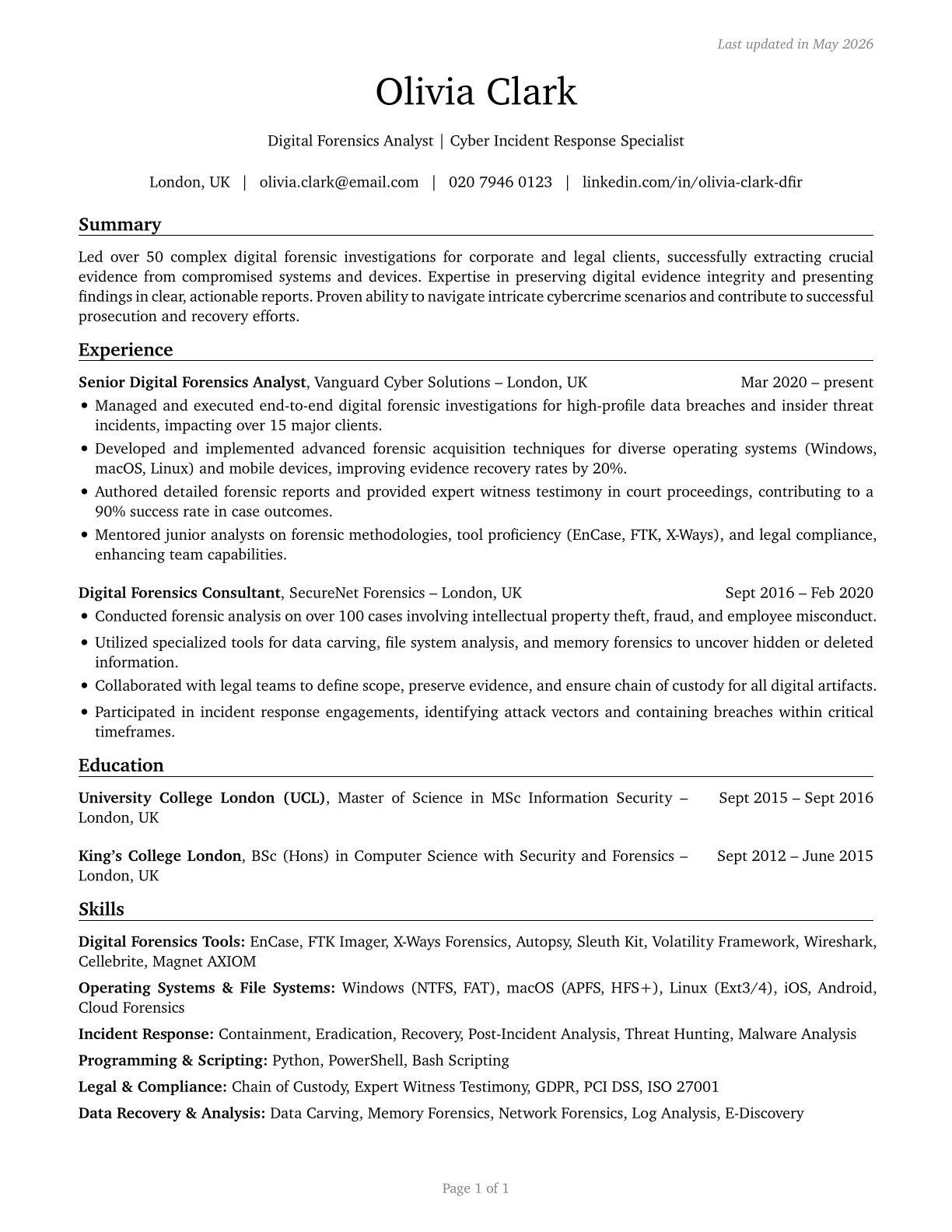 Digital Forensics Analysts CV in English — page 1