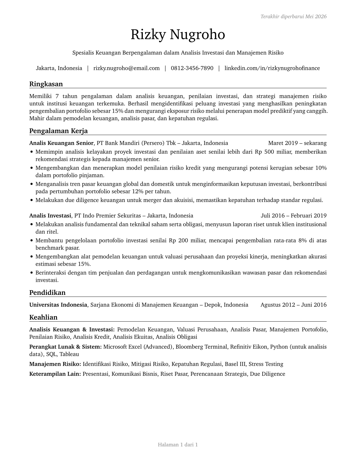 Financial Specialists, All Other CV in Indonesian — page 1