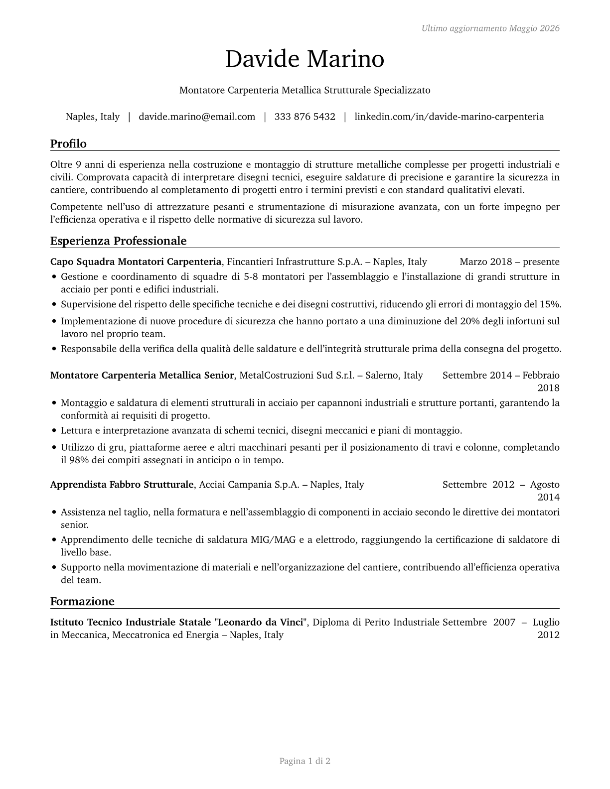Structural Iron and Steel Workers CV in Italian — page 1