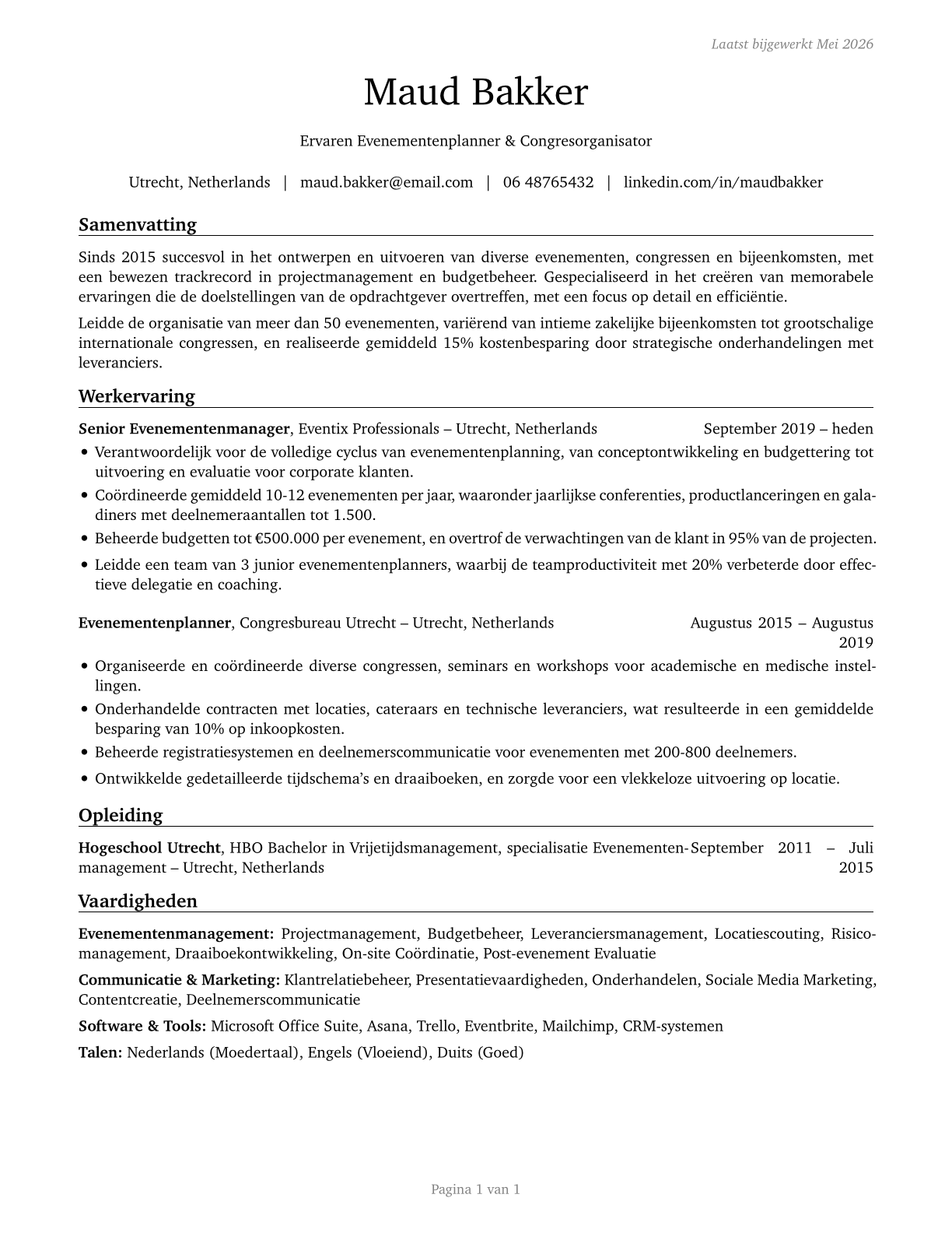 Meeting, Convention, and Event Planners CV in Dutch — page 1