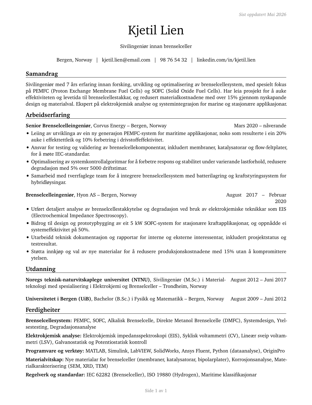 Fuel Cell Engineers CV in Norwegian_nynorsk — page 1