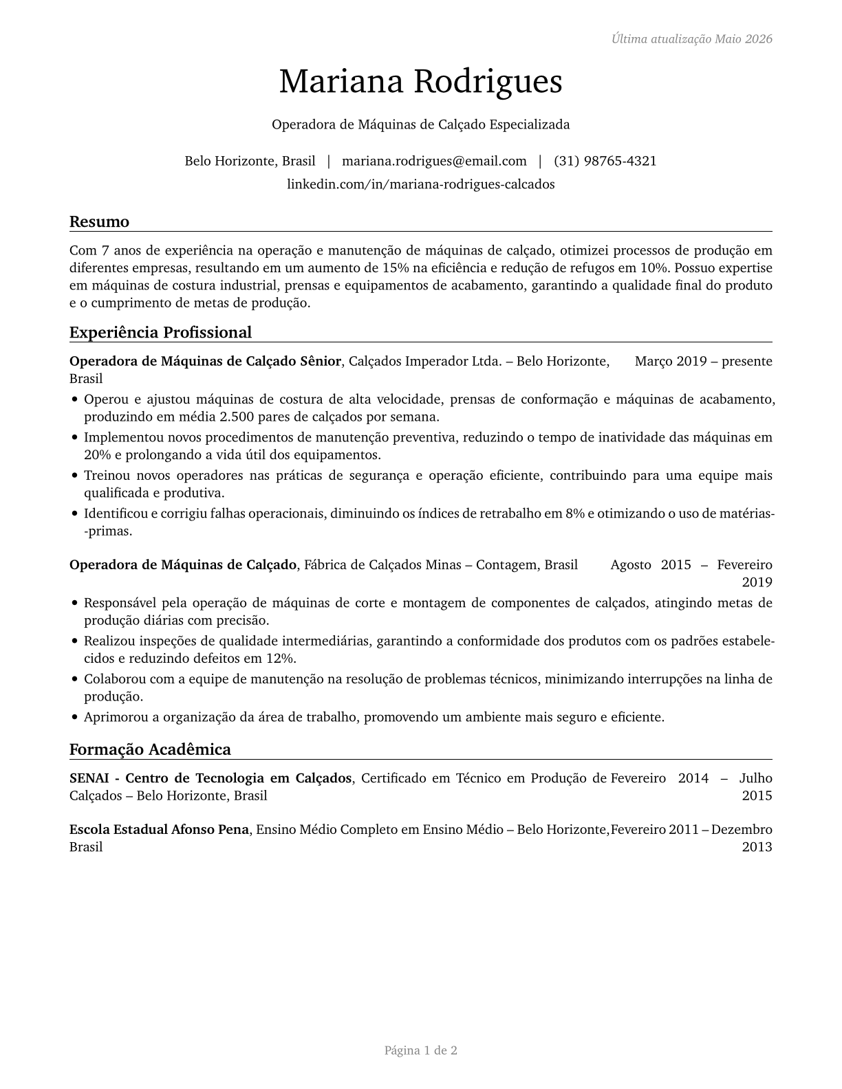 Shoe Machine Operators and Tenders CV in Portuguese — page 1