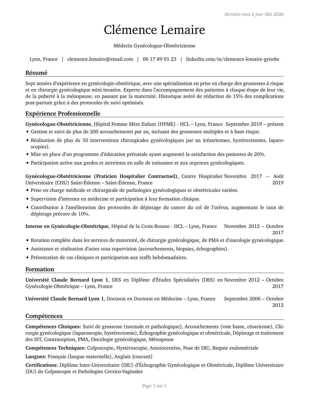Obstetricians and Gynecologists CV in French — page 1