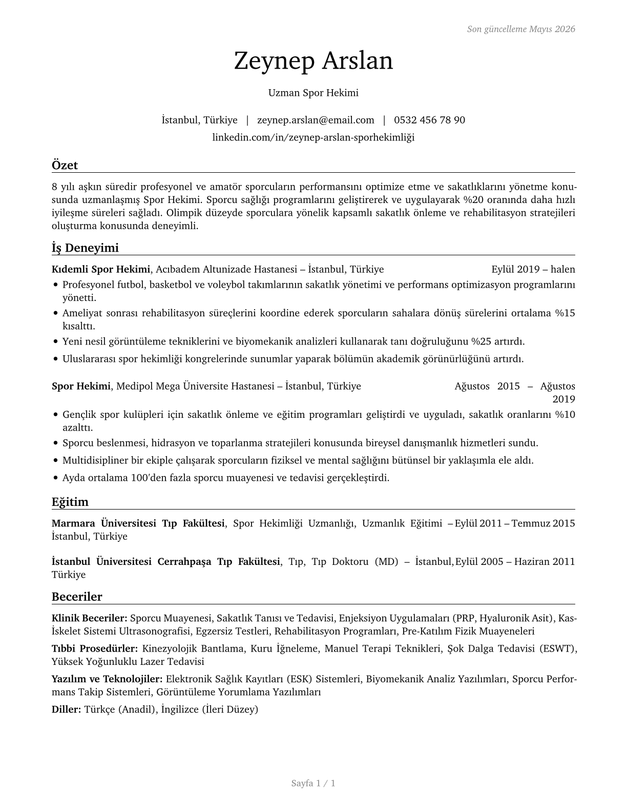 Sports Medicine Physicians CV in Turkish — page 1