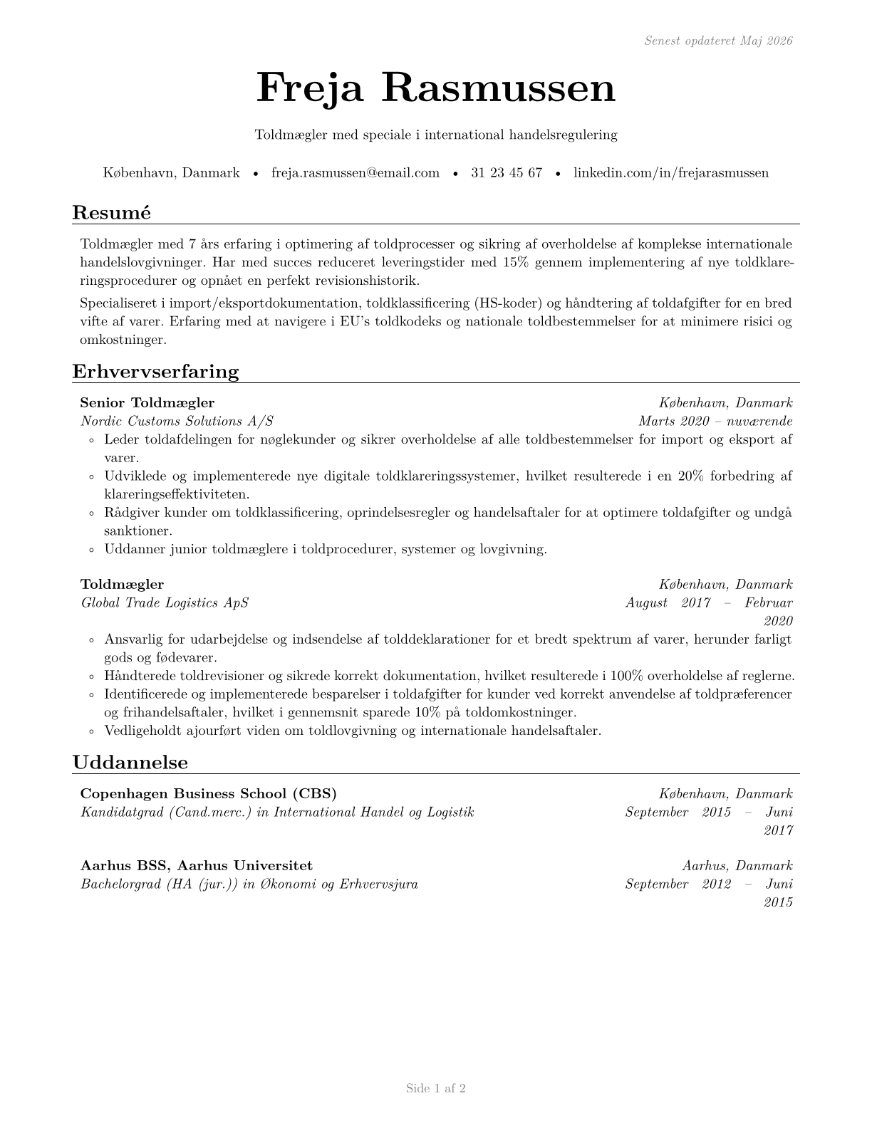 Customs Brokers CV in Danish — page 1