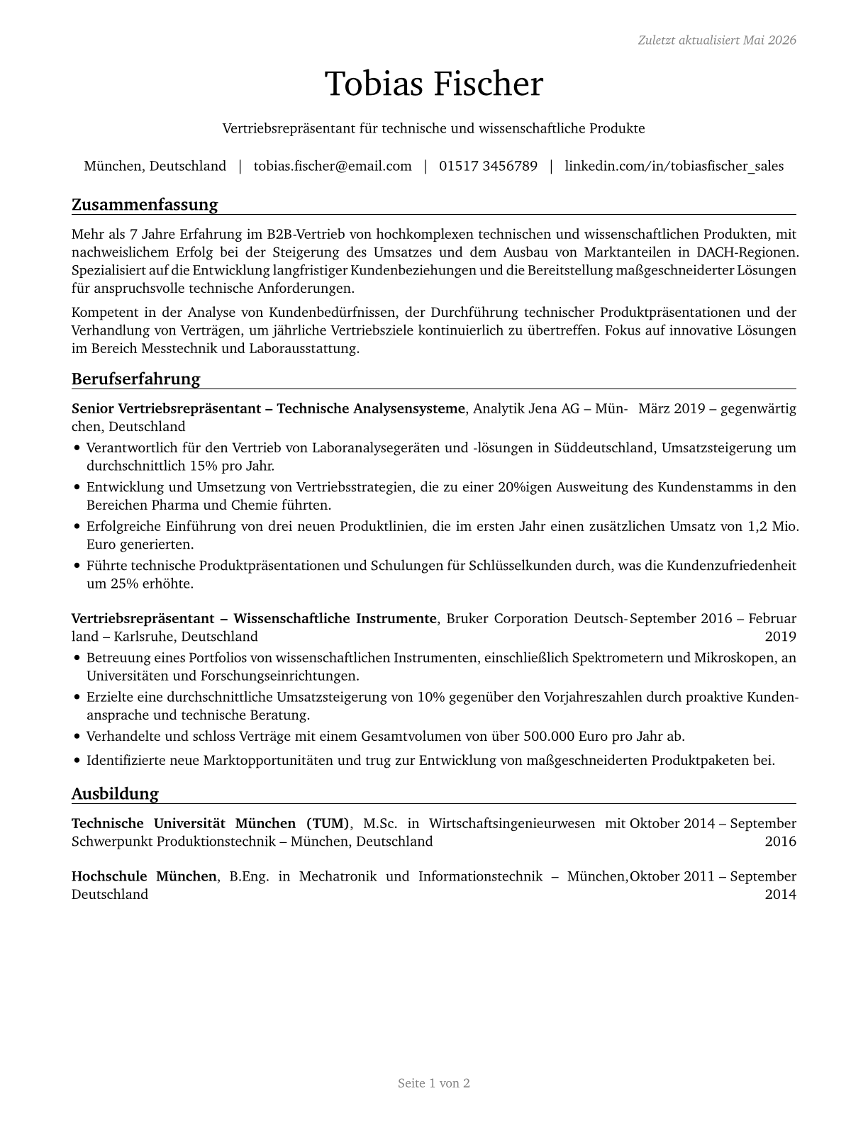 Sales Representatives, Wholesale and Manufacturing, Technical and Scientific Products CV in German — page 1
