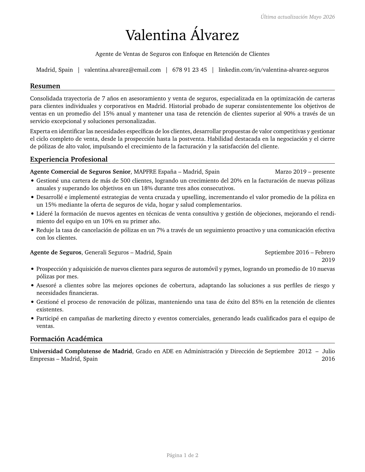 Insurance Sales Agents CV in Spanish — page 1