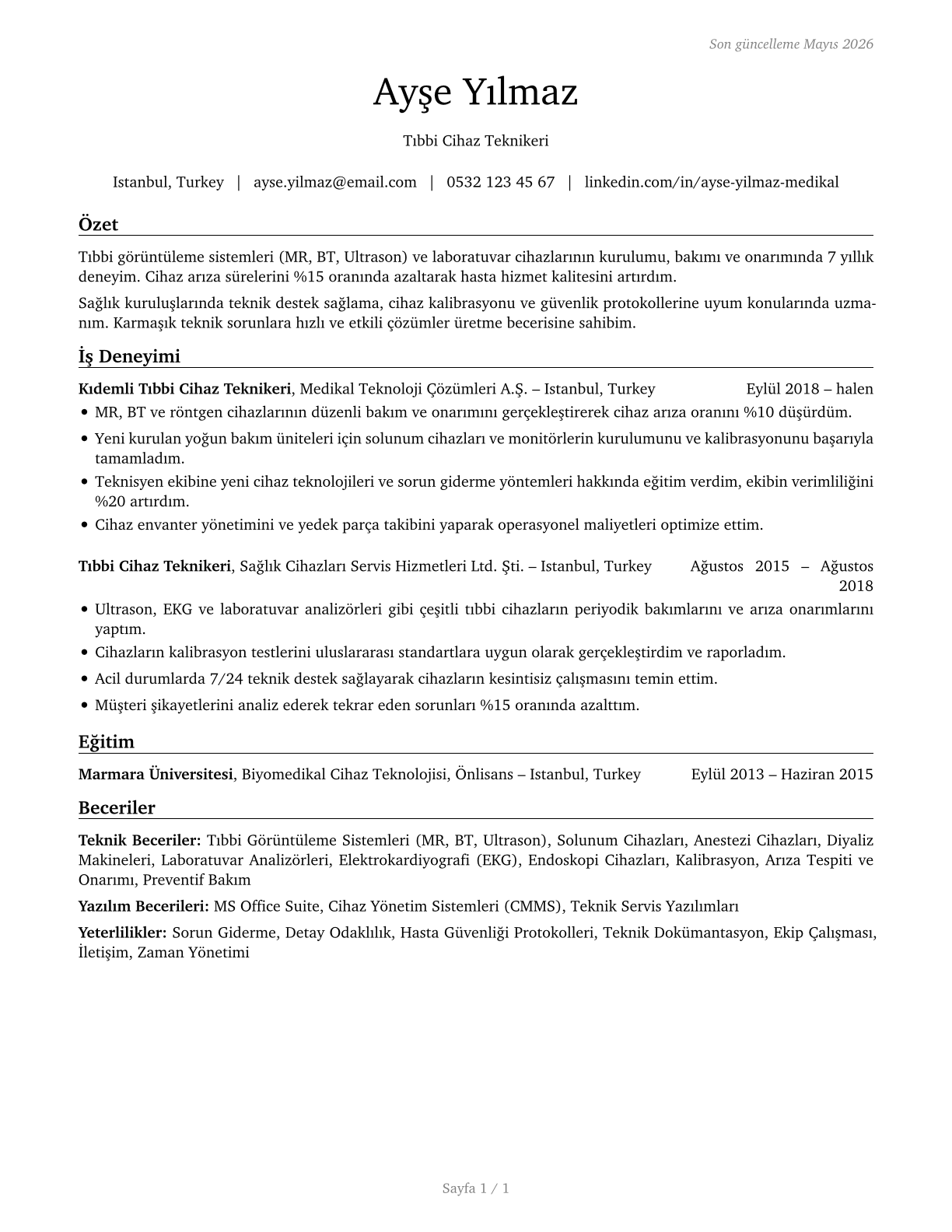 Medical Appliance Technicians CV in Turkish — page 1