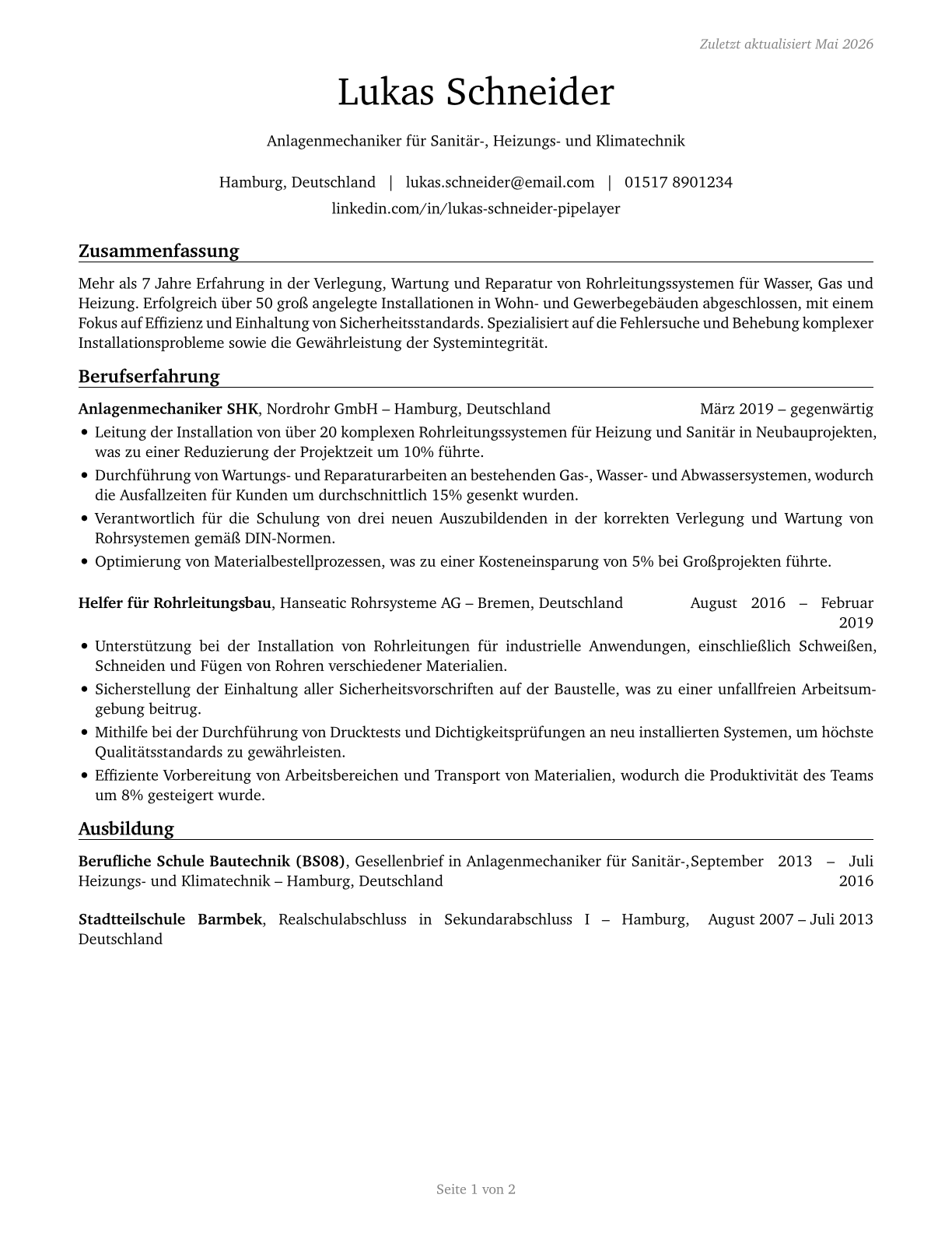Helpers--Pipelayers, Plumbers, Pipefitters, and Steamfitters CV in German — page 1