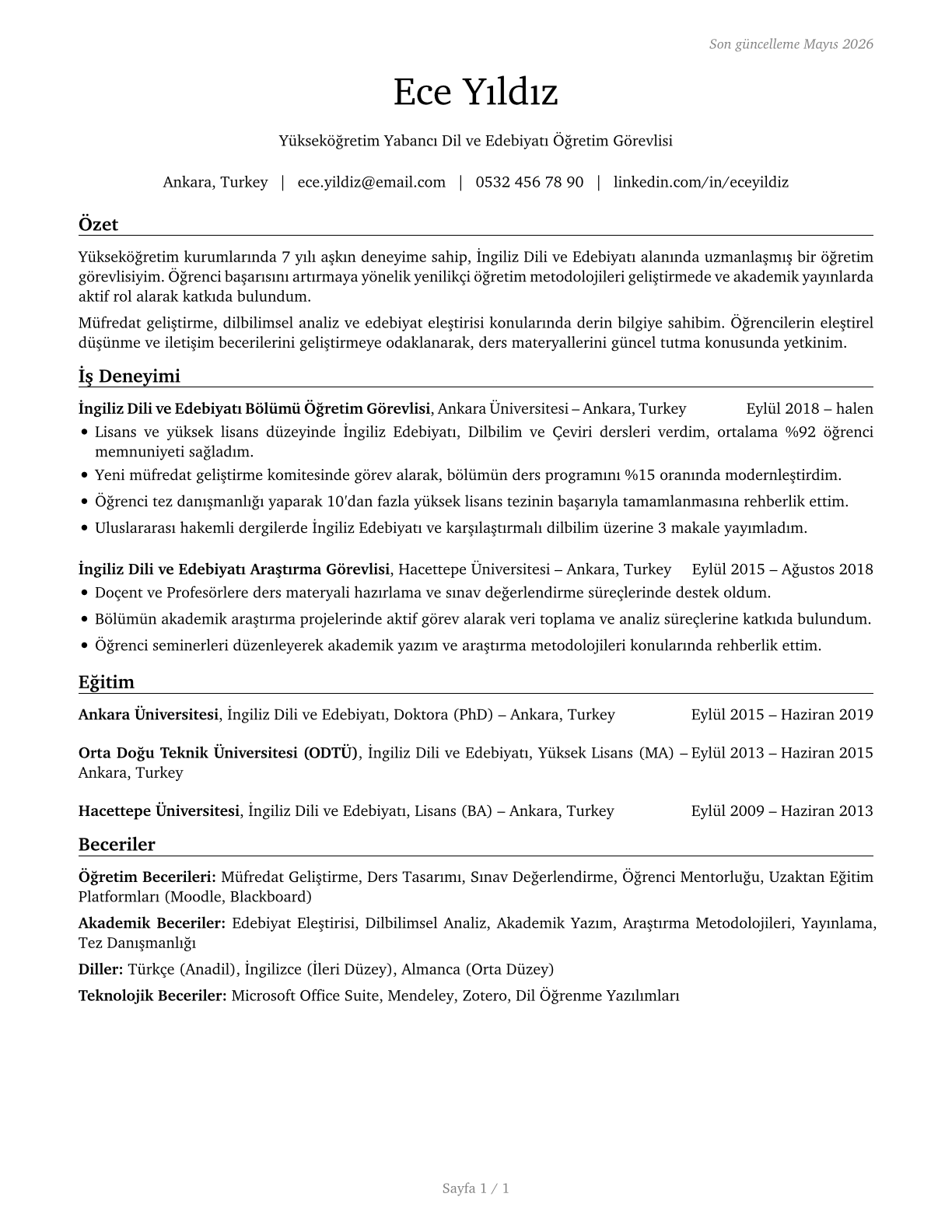 Foreign Language and Literature Teachers, Postsecondary CV in Turkish — page 1