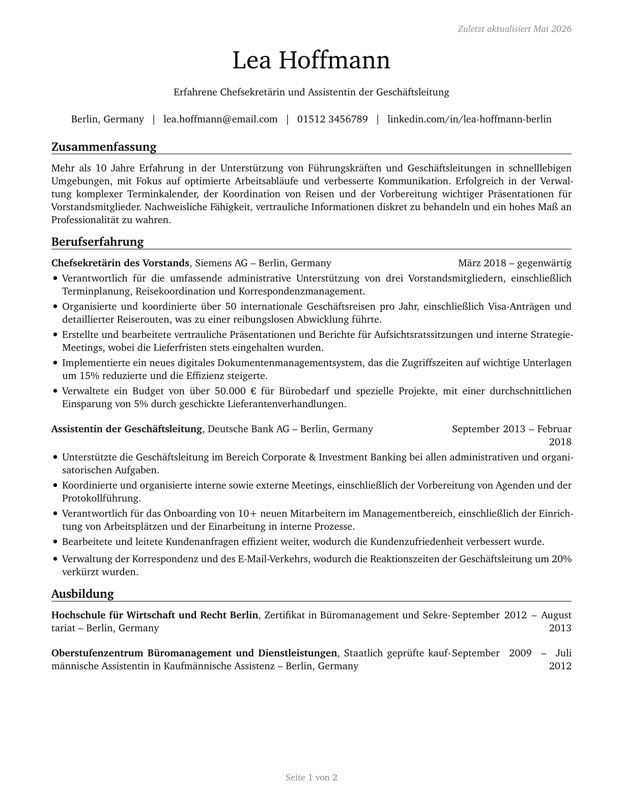 Executive Secretaries and Executive Administrative Assistants CV in German — page 1
