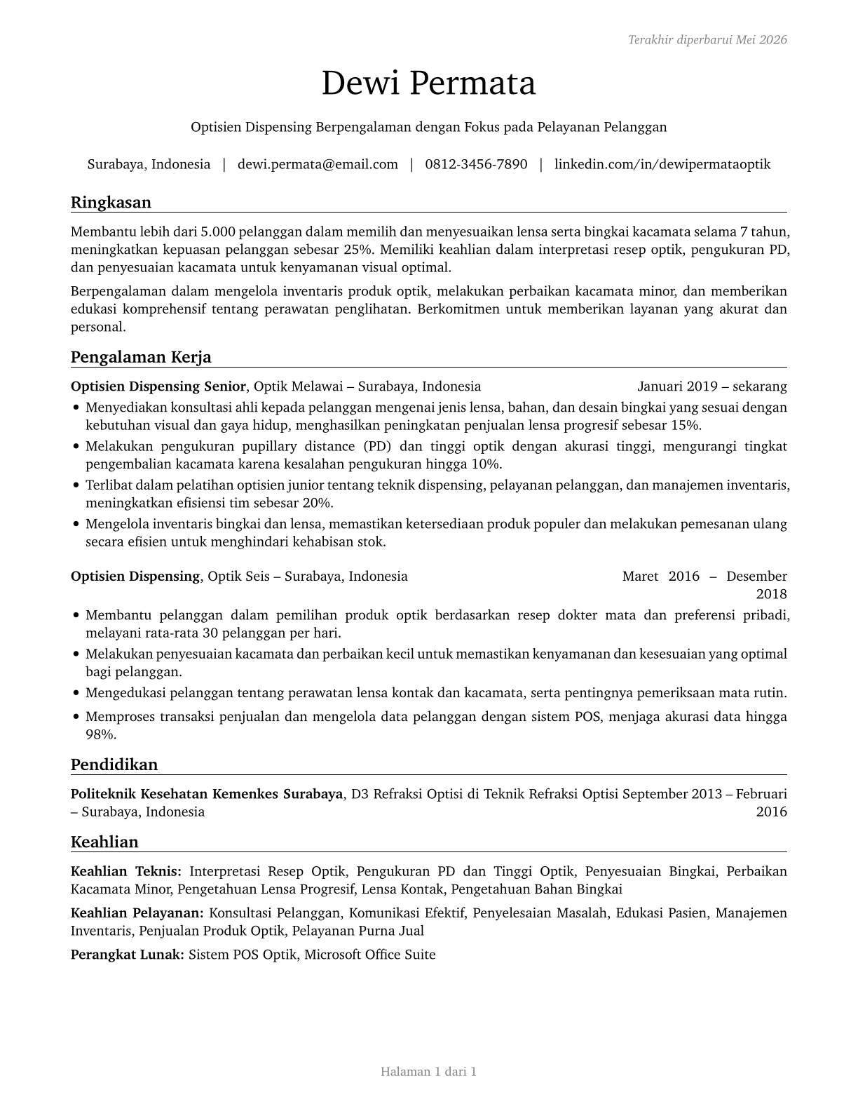 Opticians, Dispensing CV in Indonesian — page 1