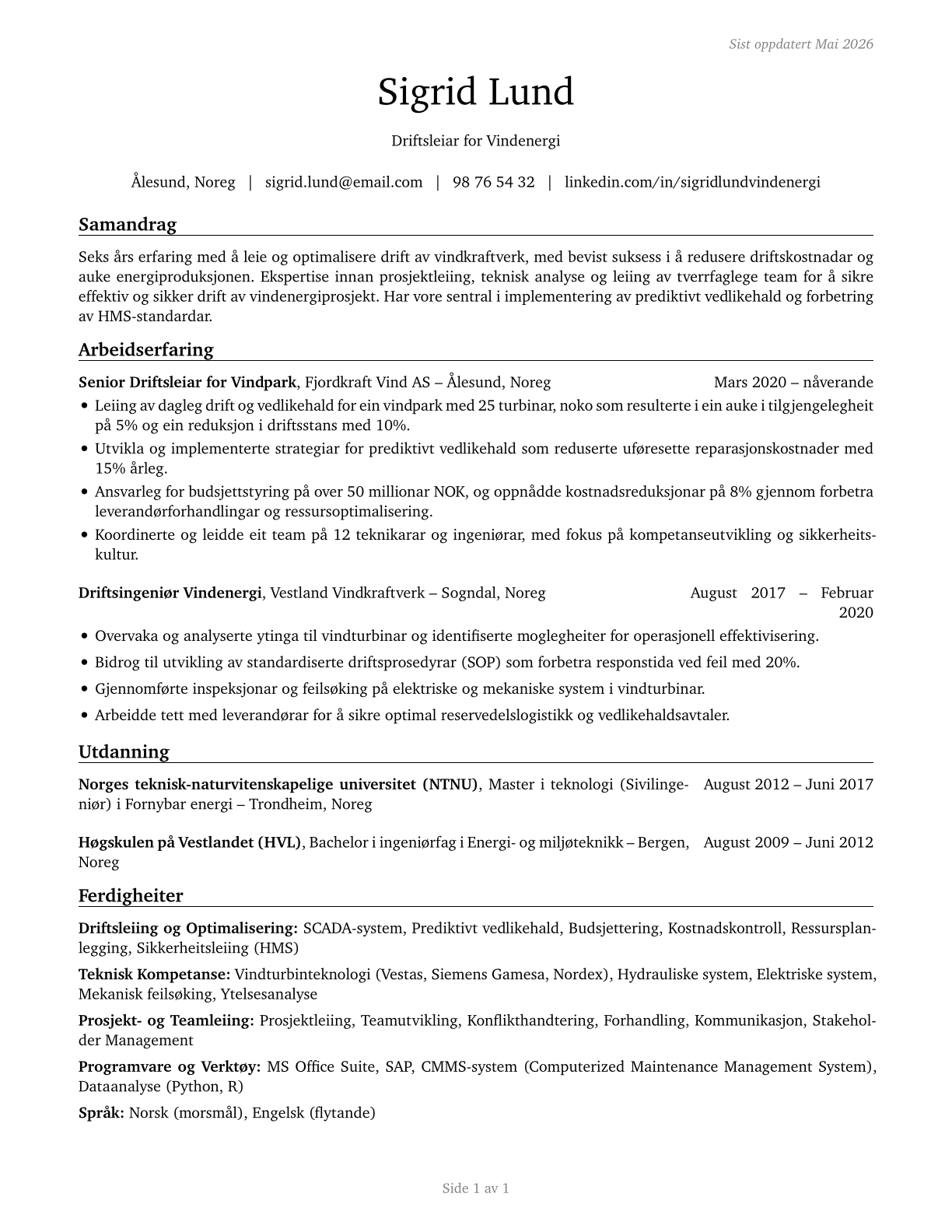 Wind Energy Operations Managers CV in Norwegian_nynorsk — page 1