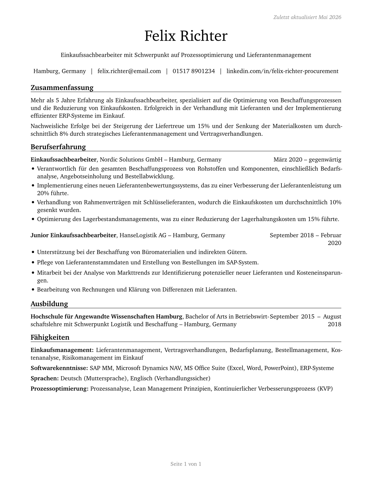 Procurement Clerks CV in German — page 1
