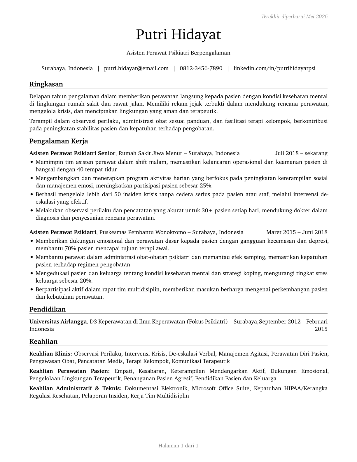 Psychiatric Aides CV in Indonesian — page 1