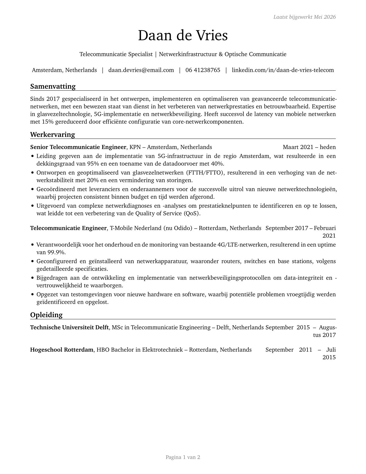 Telecommunications Engineering Specialists CV in Dutch — page 1