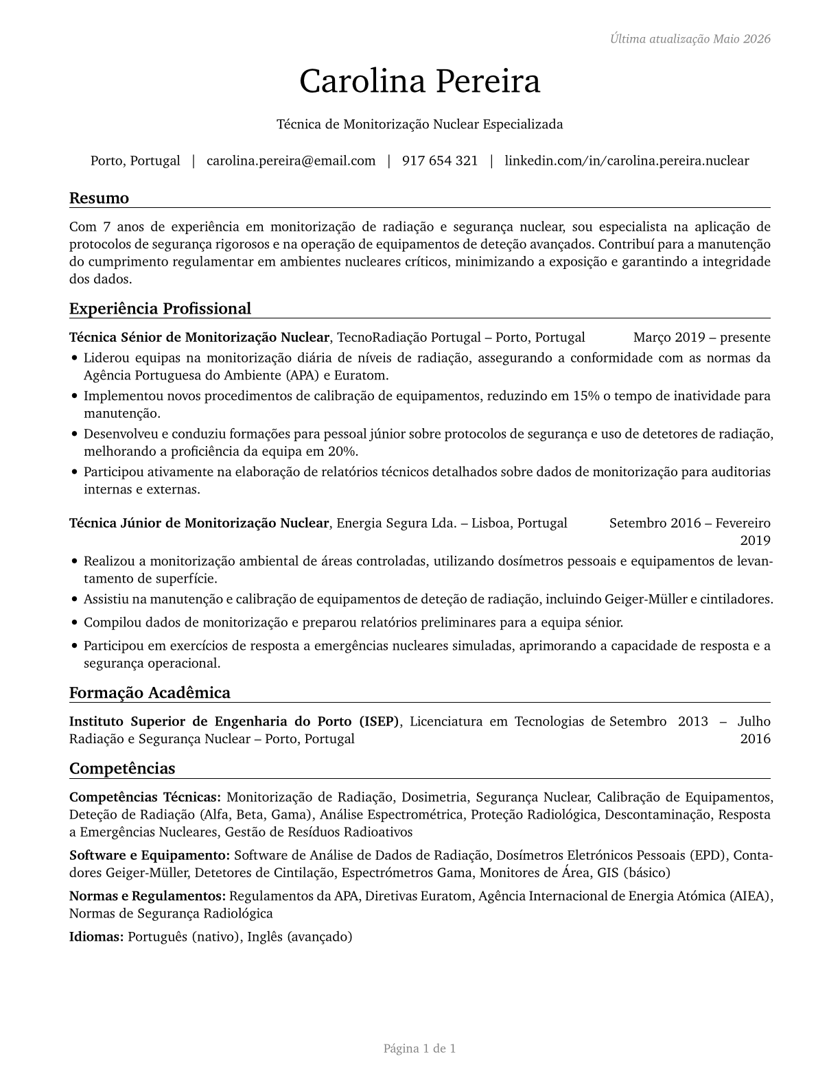 Nuclear Monitoring Technicians CV in Portuguese — page 1