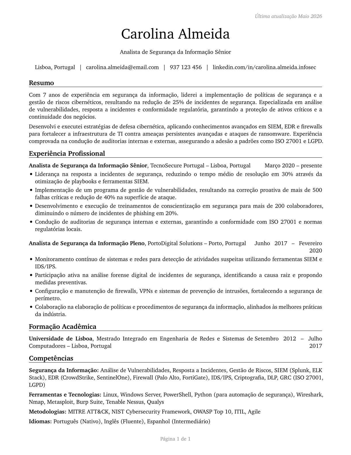 Information Security Analysts CV in Portuguese — page 1
