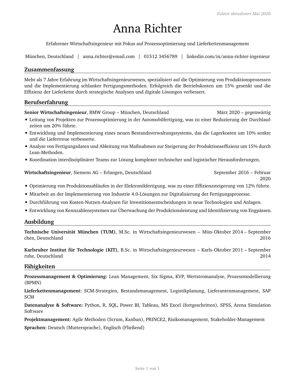 Industrial Engineers CV in German — page 1