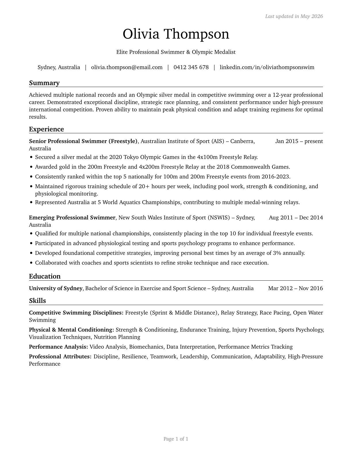 Athletes and Sports Competitors CV in English — page 1