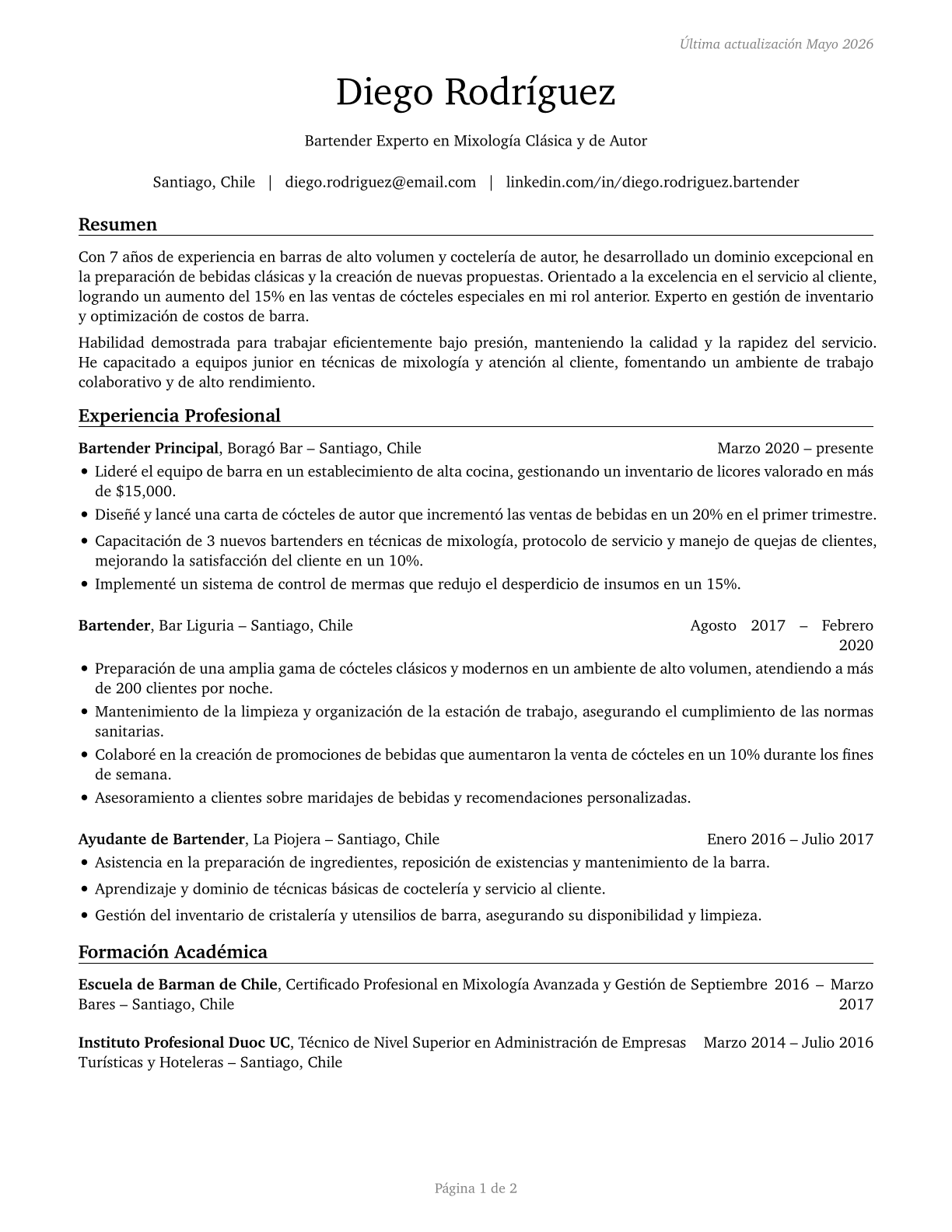 Bartenders CV in Spanish — page 1