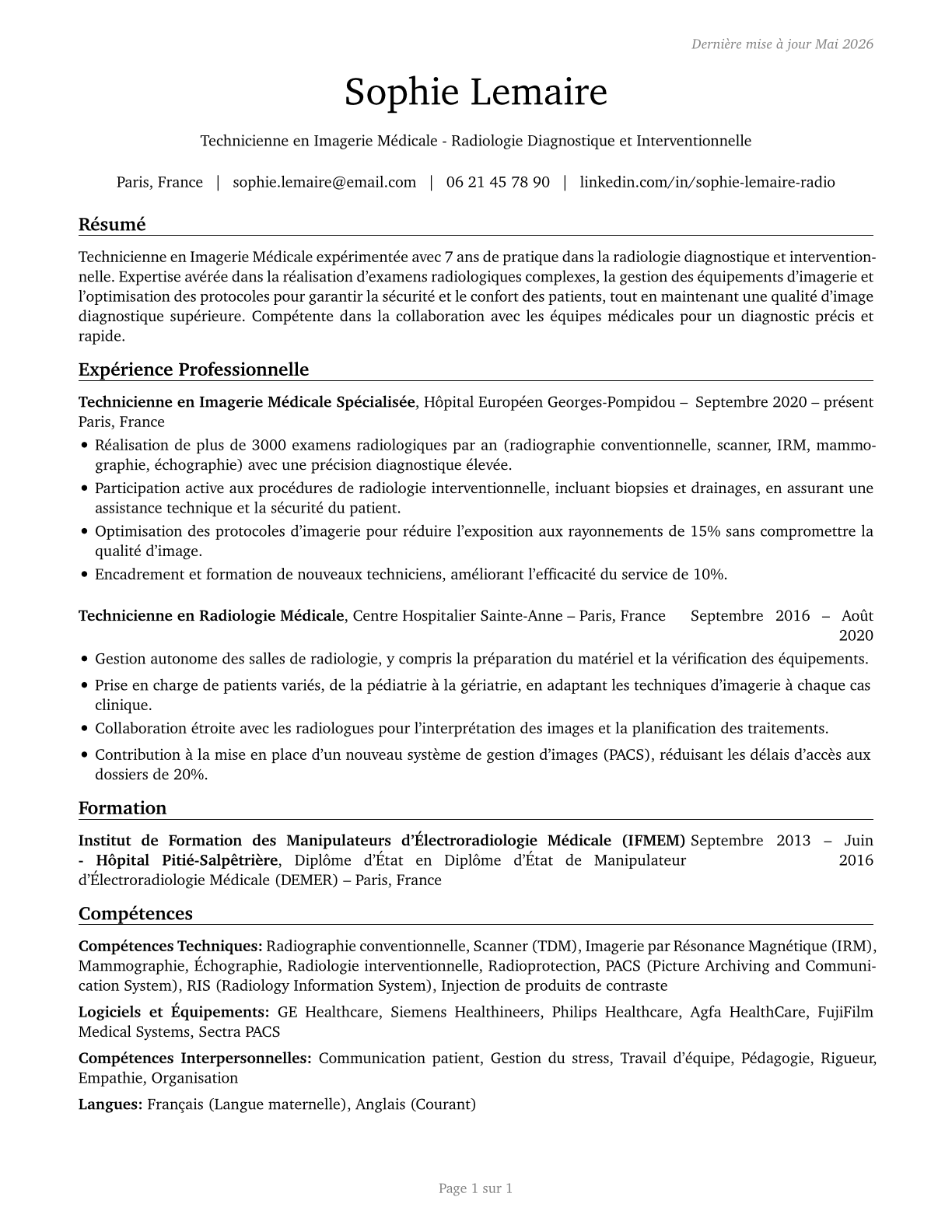 Radiologic Technologists and Technicians CV in French — page 1