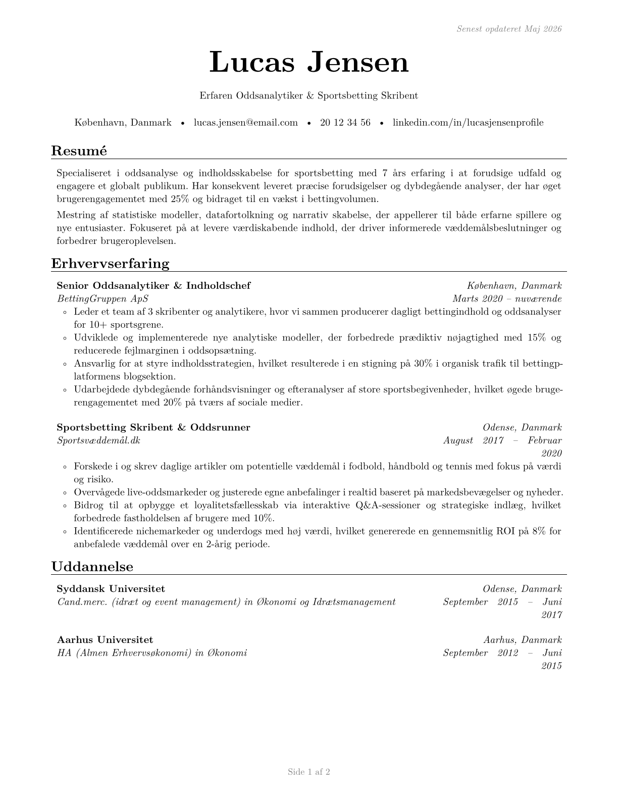 Gambling and Sports Book Writers and Runners CV in Danish — page 1