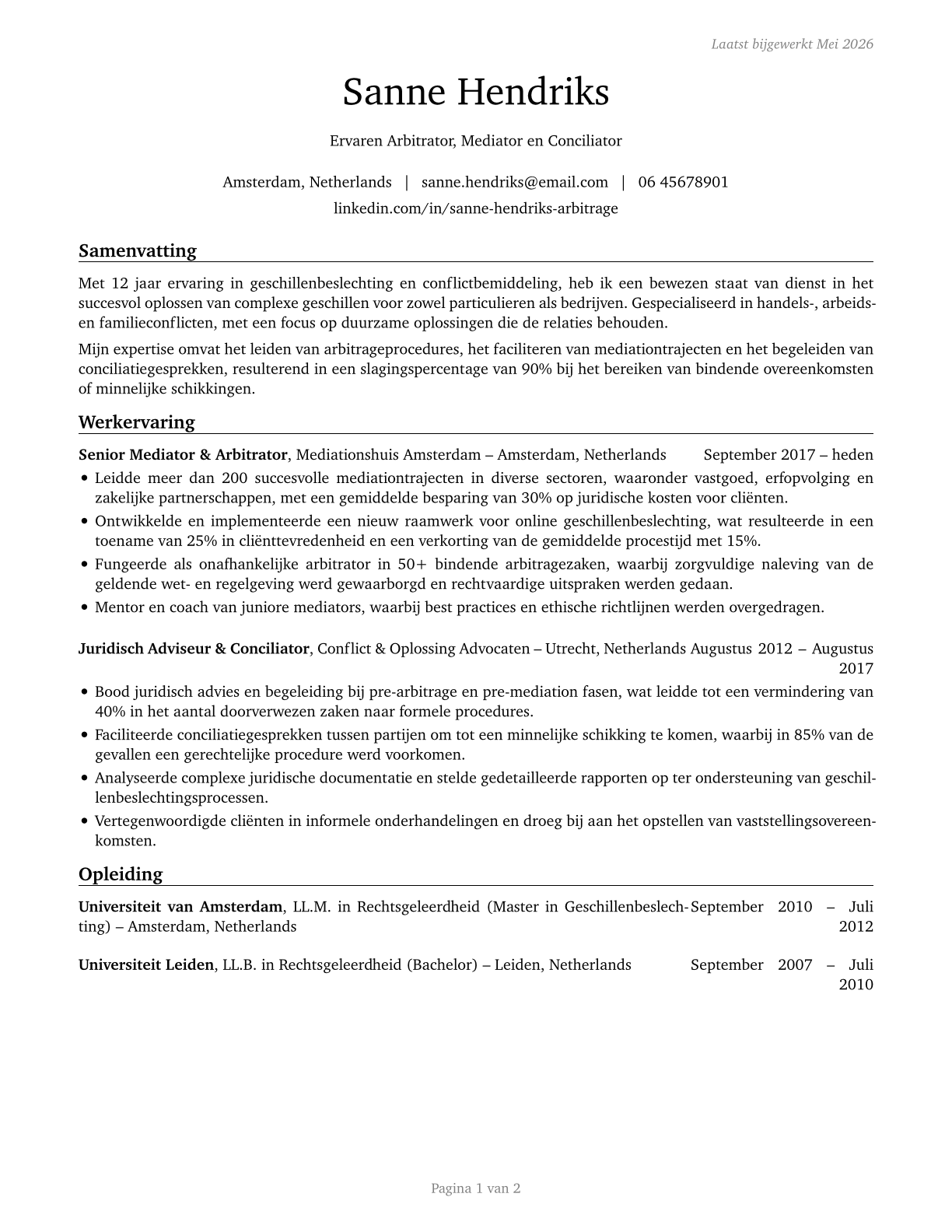 Arbitrators, Mediators, and Conciliators CV in Dutch — page 1