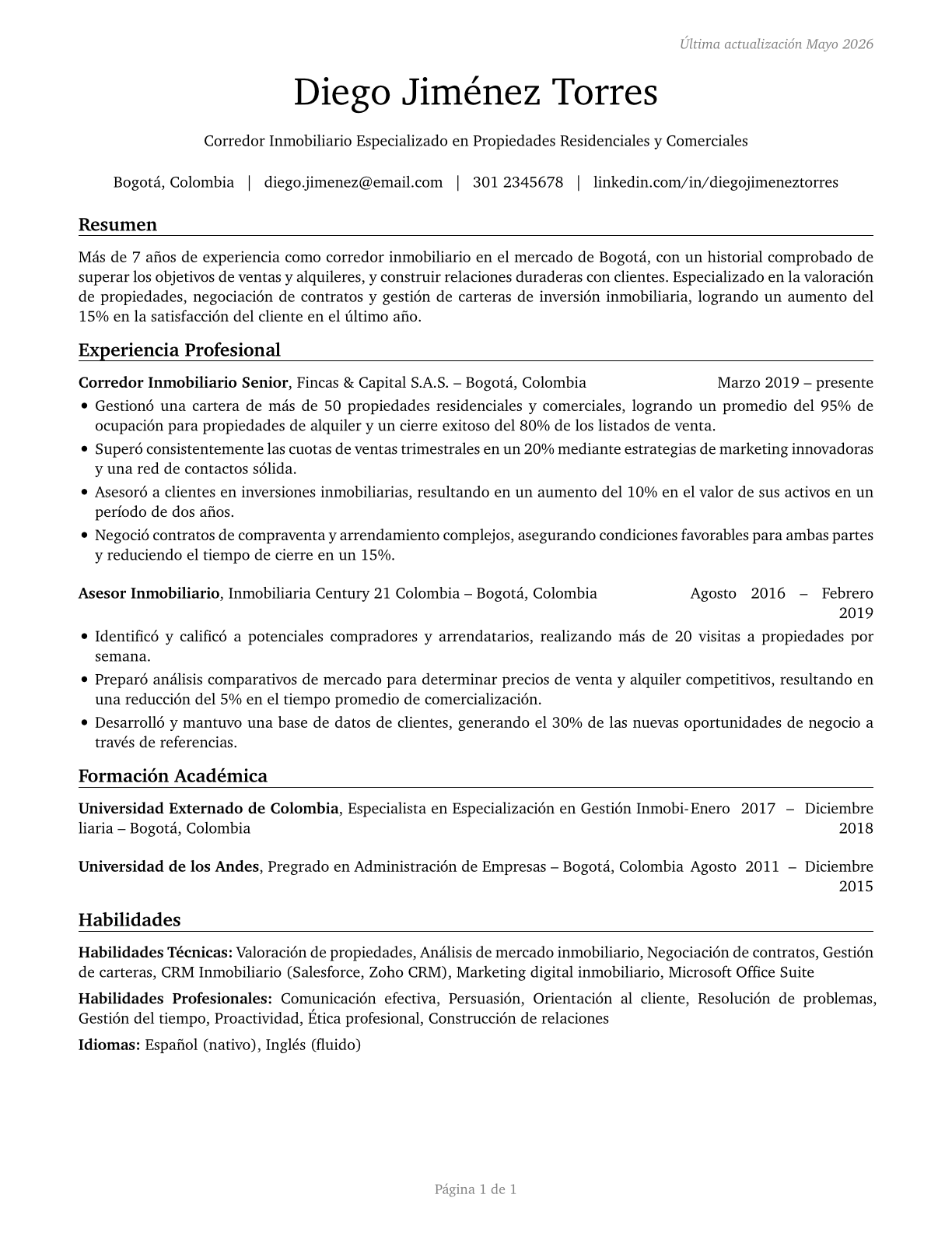 Real Estate Brokers CV in Spanish — page 1