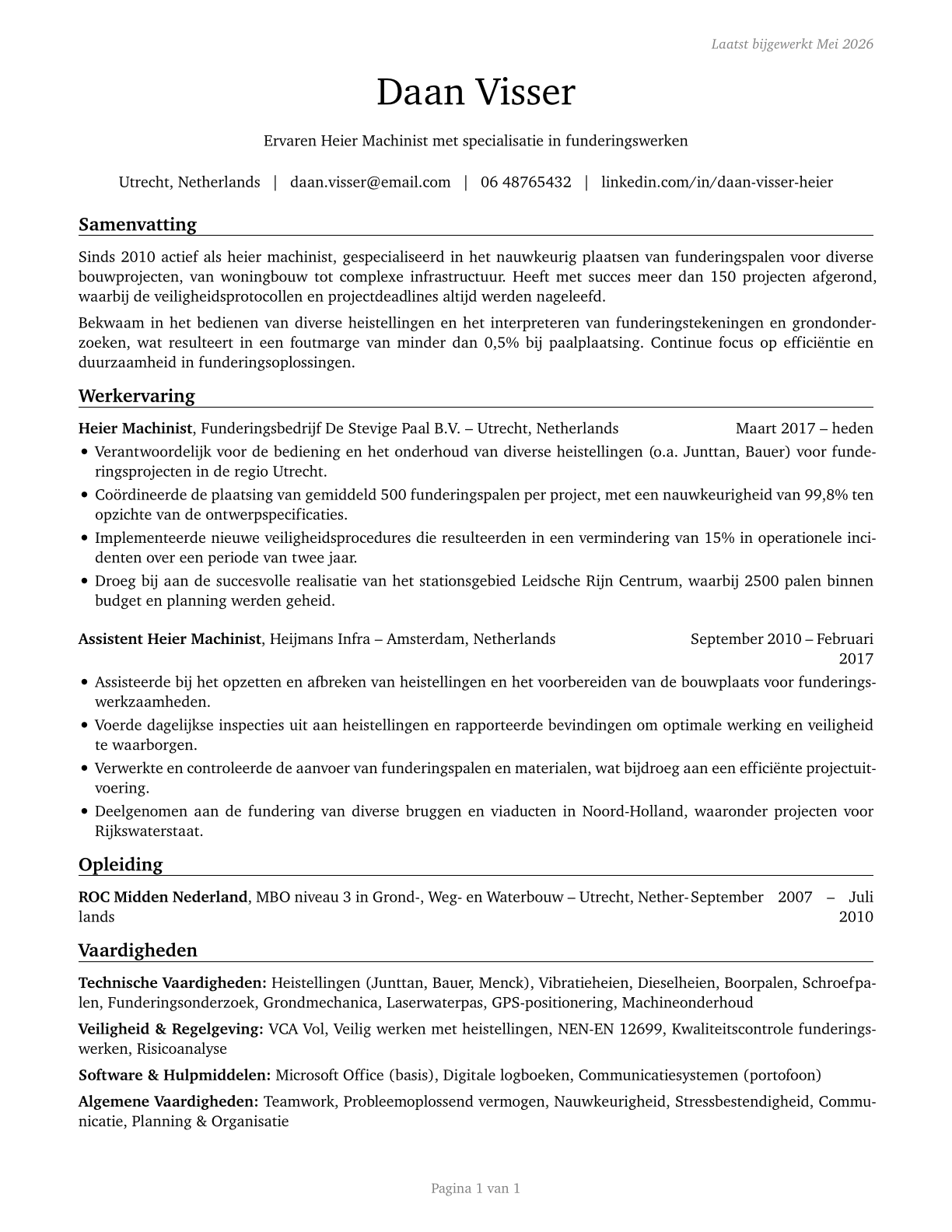 Pile Driver Operators CV in Dutch — page 1
