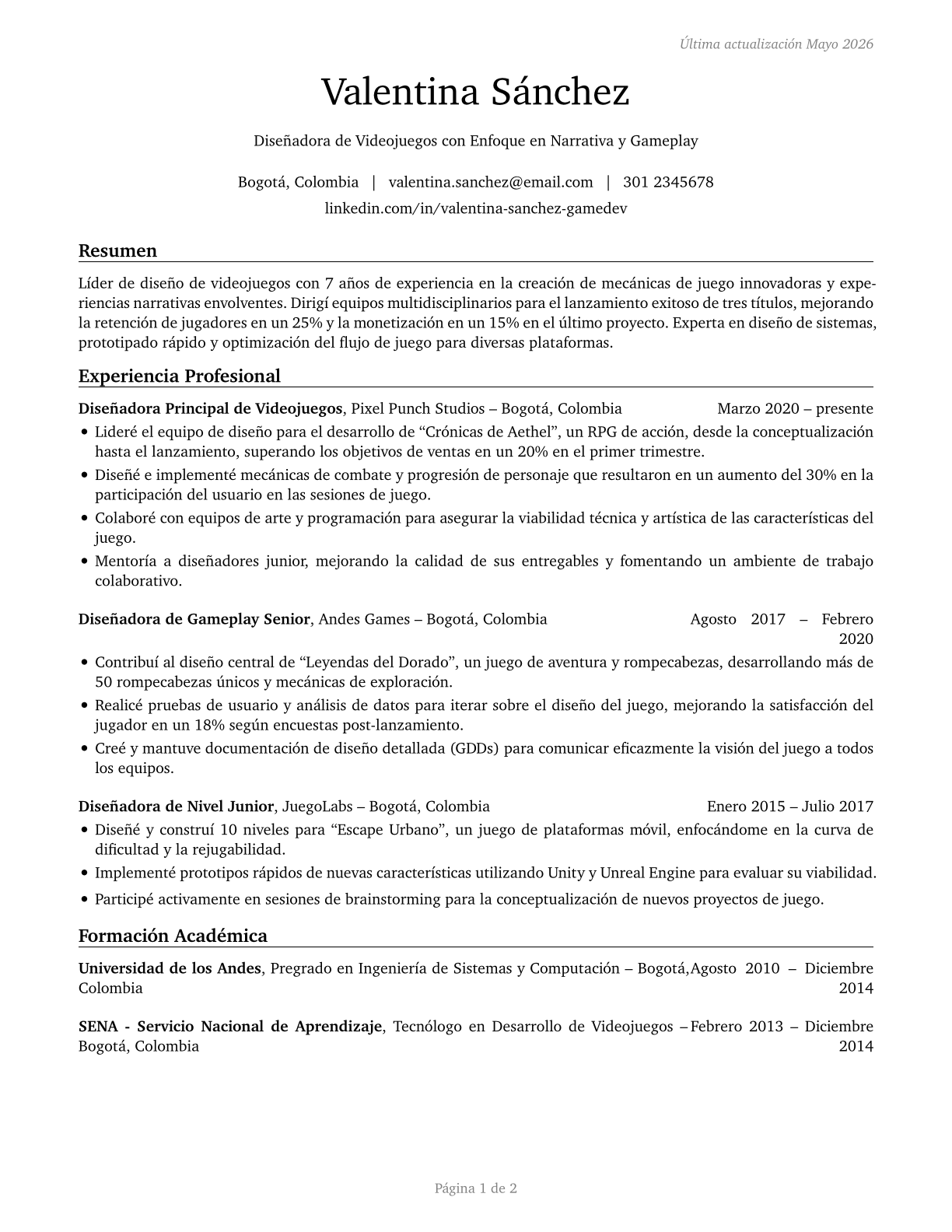 Video Game Designers CV in Spanish — page 1