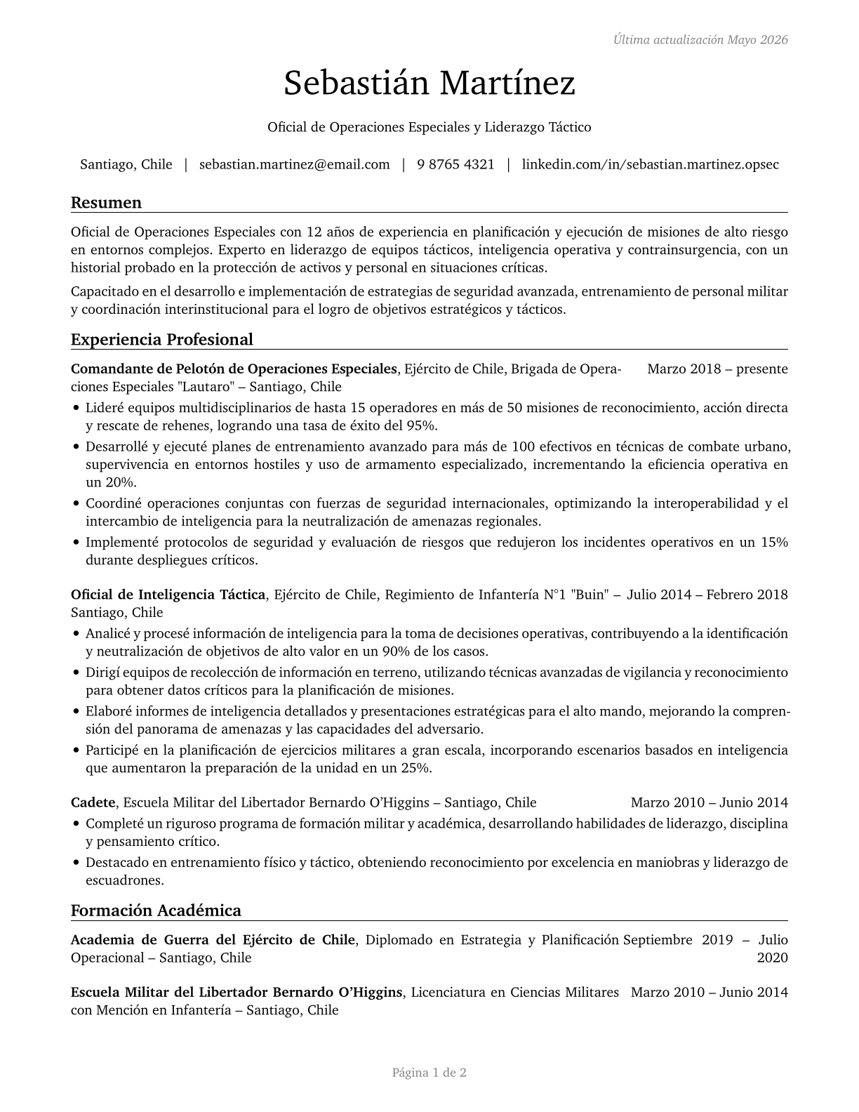 Special Forces Officers CV in Spanish — page 1