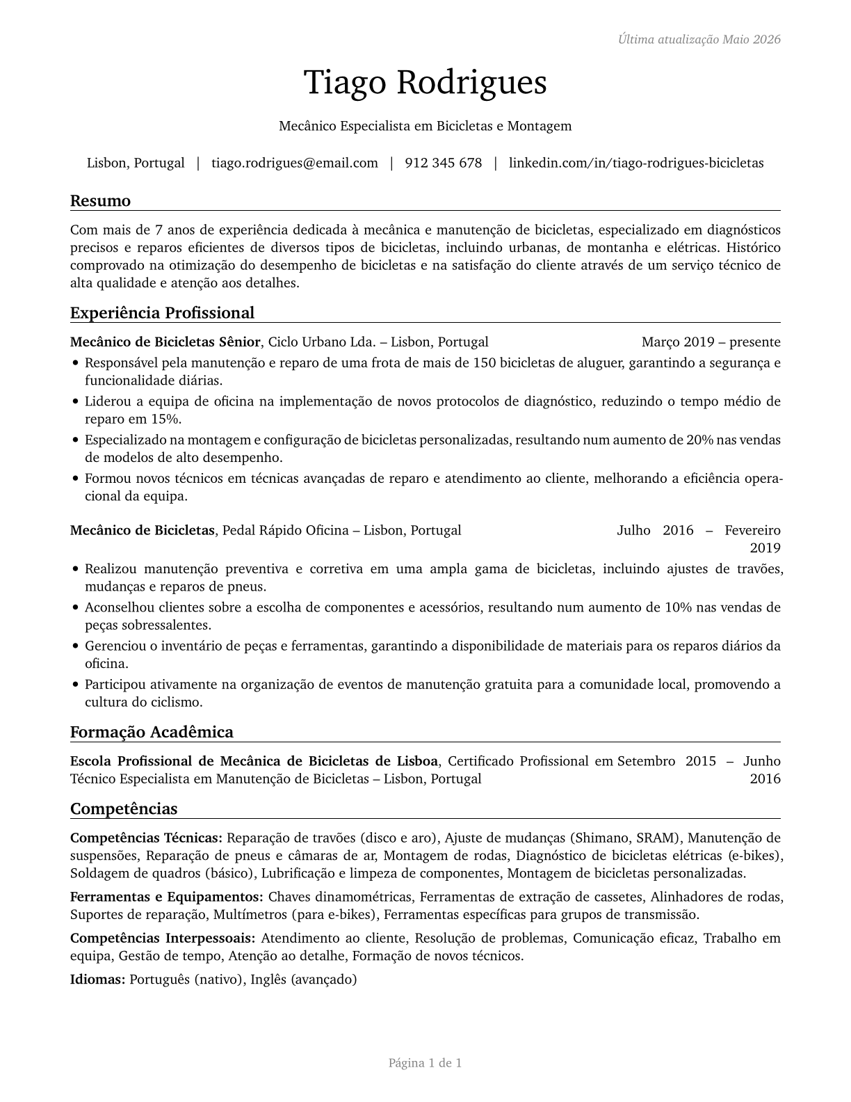 Bicycle Repairers CV in Portuguese — page 1