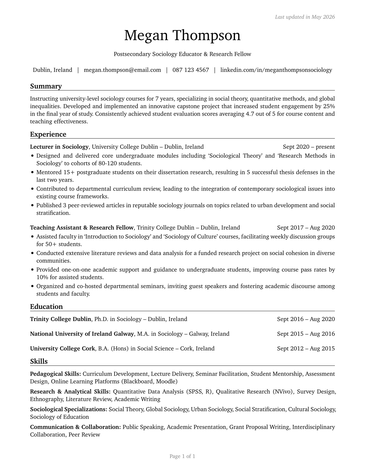 Sociology Teachers, Postsecondary CV in English — page 1
