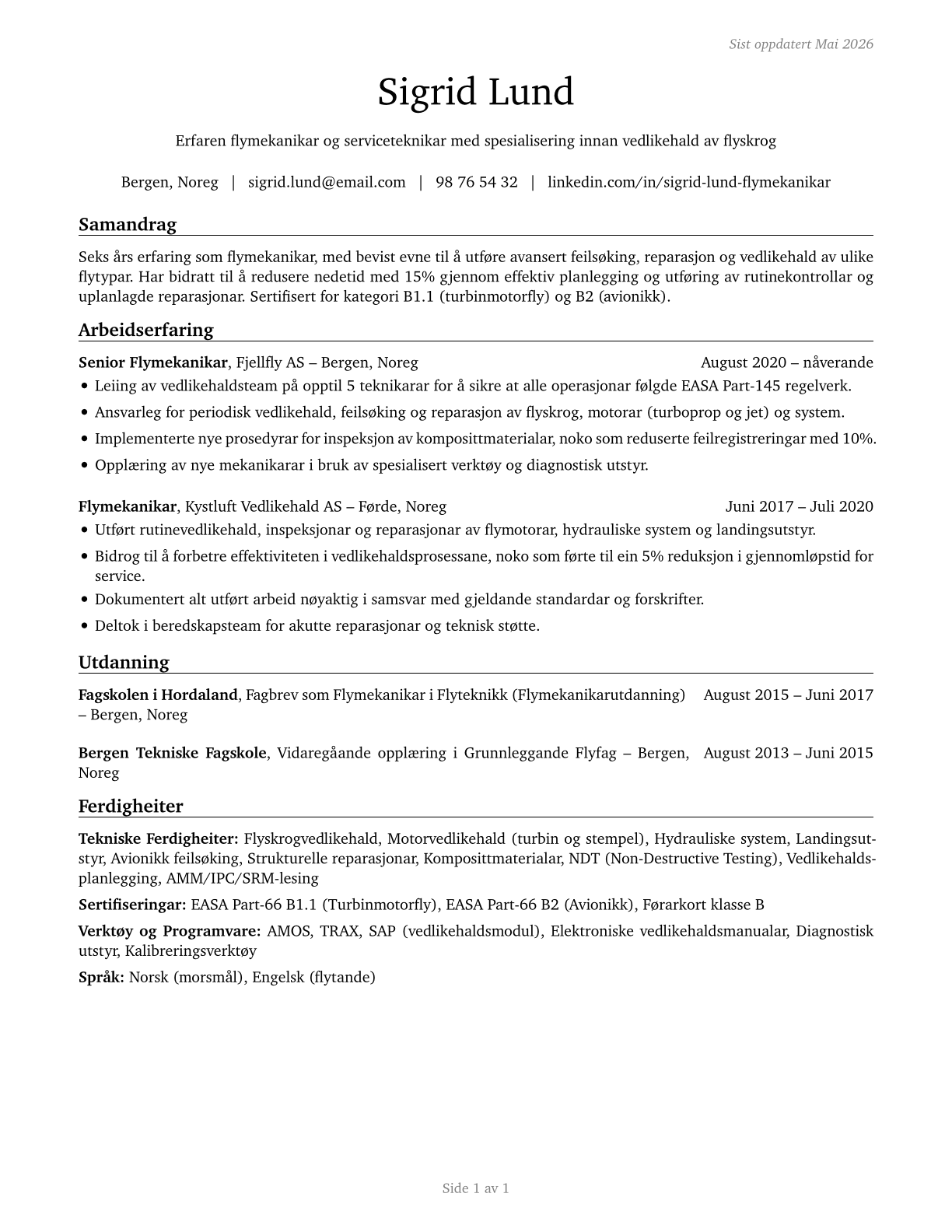 Aircraft Mechanics and Service Technicians CV in Norwegian_nynorsk — page 1